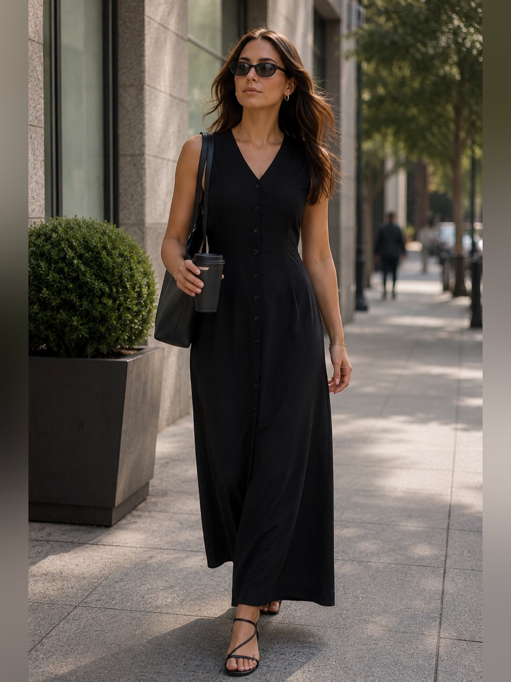 Vintage Club Monaco Sleeveless V-Neck Button-Front Black Maxi Dress Rayon
